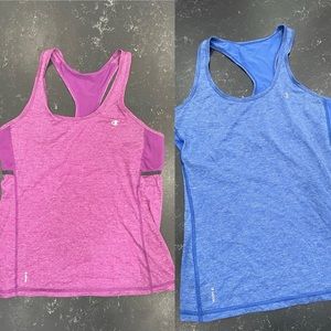 TWO CHAMPION women’s dry fit racer back tanks (pink and purple/blue)